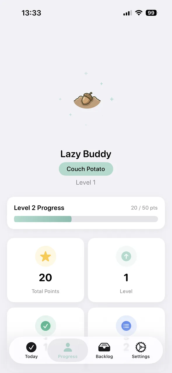 LazyHabits progress screen with the Lazy Buddy character, points and level