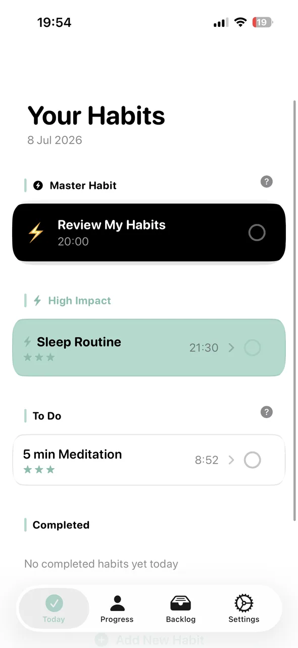 LazyHabits Today screen with the Master Habit, a High Impact habit and tiny daily habits
